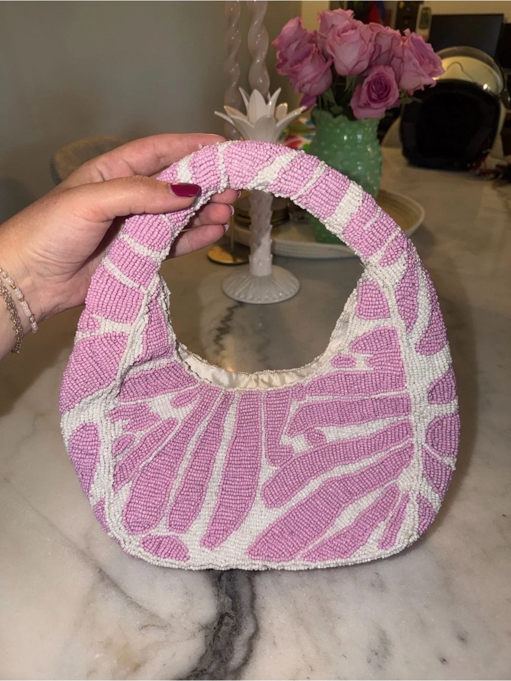 Kelly & Katie Pink and White Beaded Circle-Handle Clutch